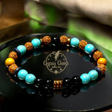 Turquoise - Black Obsidian, Rudraksha Seed, Palo Santo, Silver-Copper-Gold Hematite, Black Ebony Wood•Custom Size•Round Smooth Stretch (8mm) Natural Gemstone Crystal Energy Bead Bracelet