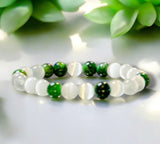 Tiger’s Eye - Green Tiger’s Eye & Selenite•Custom Size Round Smooth Stretch (8mm) Natural Gemstone Crystal Energy Bead Bracelet