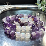 Amethyst - Chevron Amethyst• Opalite•You Choose: Silver•Copper•Gold•Black Hematite Disk Spacers•Custom Size•Round Stretch (8mm) Natural Gemstone Crystal Energy Bead Bracelet