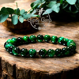 Tiger’s Eye - Green Tiger’s Eye + Black Hematite Hexagonal Spacer•Custom Size Round Smooth Stretch (8mm) Natural Gemstone Crystal Energy Bead Bracelet