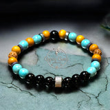 Turquoise - Blue Howlite, Black Obsidian, Rudraksha Seed, Palo Santo, Silver Hematite, Silver Stainless Steel•Custom Size•Round Smooth Stretch (8mm) Natural Gemstone Crystal Energy Bead Bracelet