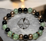 Aventurine Green, Black Onyx, Choice of Silver-Copper-Gold-Black Hematite Custom Size Round Smooth Stretch (8mm) Natural Gemstone Crystal Energy Bead Bracelet