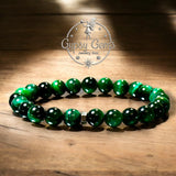 Tiger’s Eye - Green Tiger’s Eye + Black Hematite Hexagonal Spacer•Custom Size Round Smooth Stretch (8mm) Natural Gemstone Crystal Energy Bead Bracelet