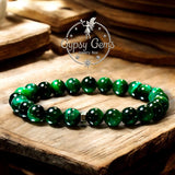 Tiger’s Eye - Green Tiger’s Eye + Black Hematite Hexagonal Spacer•Custom Size Round Smooth Stretch (8mm) Natural Gemstone Crystal Energy Bead Bracelet