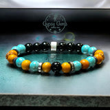 Turquoise - Blue Howlite, Black Obsidian, Rudraksha Seed, Palo Santo, Silver Hematite, Silver Stainless Steel•Custom Size•Round Smooth Stretch (8mm) Natural Gemstone Crystal Energy Bead Bracelet