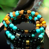 Turquoise - Black Obsidian, Rudraksha Seed, Palo Santo, Silver-Copper-Gold Hematite, Black Ebony Wood•Custom Size•Round Smooth Stretch (8mm) Natural Gemstone Crystal Energy Bead Bracelet