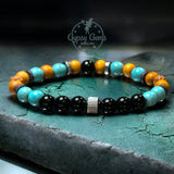 Turquoise - Blue Howlite, Black Obsidian, Rudraksha Seed, Palo Santo, Silver Hematite, Silver Stainless Steel•Custom Size•Round Smooth Stretch (8mm) Natural Gemstone Crystal Energy Bead Bracelet