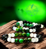 Tiger’s Eye - Green Tiger’s Eye & Selenite & Green Sandstone/Goldstone•Custom Size Round Smooth Stretch (8mm) Natural Gemstone Crystal Energy Bead Bracelet