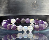 Amethyst - Chevron Amethyst• Opalite•You Choose: Silver•Copper•Gold•Black Hematite Disk Spacers•Custom Size•Round Stretch (8mm) Natural Gemstone Crystal Energy Bead Bracelet