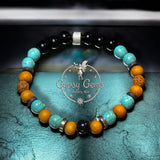 Turquoise - Blue Howlite, Black Obsidian, Rudraksha Seed, Palo Santo, Silver Hematite, Silver Stainless Steel•Custom Size•Round Smooth Stretch (8mm) Natural Gemstone Crystal Energy Bead Bracelet