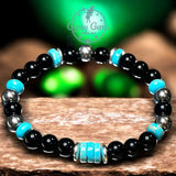 Turquoise Genuine Turquoise Heshi, Black Obsidian, Silver-Copper or Gold Hematite•Custom Size•Round Smooth Stretch (8mm) Natural Gemstone Crystal Energy Bead Bracelet