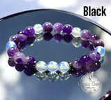 Amethyst - Chevron Amethyst•Faceted Opalite•You Choose: Silver•Copper•Gold•Black Hematite Disk Spacers•Custom Size•Round Stretch (8mm) Natural Gemstone Crystal Energy Bead Bracelet