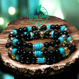 Turquoise Genuine Turquoise Heshi, Black Obsidian, Silver-Copper or Gold Hematite•Custom Size•Round Smooth Stretch (8mm) Natural Gemstone Crystal Energy Bead Bracelet