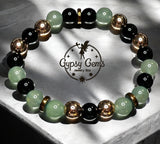 Aventurine Green, Black Onyx, Choice of Silver-Copper-Gold-Black Hematite Custom Size Round Smooth Stretch (8mm) Natural Gemstone Crystal Energy Bead Bracelet