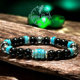 Turquoise Genuine Turquoise Heshi, Black Obsidian, Silver-Copper or Gold Hematite•Custom Size•Round Smooth Stretch (8mm) Natural Gemstone Crystal Energy Bead Bracelet