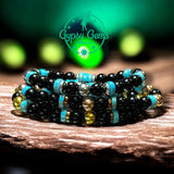 Turquoise Genuine Turquoise Heshi, Black Obsidian, Silver-Copper or Gold Hematite•Custom Size•Round Smooth Stretch (8mm) Natural Gemstone Crystal Energy Bead Bracelet