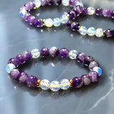 Amethyst - Chevron Amethyst•Faceted Opalite•You Choose: Silver•Copper•Gold•Black Hematite Disk Spacers•Custom Size•Round Stretch (8mm) Natural Gemstone Crystal Energy Bead Bracelet