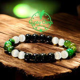 Tiger’s Eye - Green Tiger’s Eye & Selenite & Green Sandstone/Goldstone•Custom Size Round Smooth Stretch (8mm) Natural Gemstone Crystal Energy Bead Bracelet
