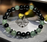 Aventurine Green, Black Onyx, Choice of Silver-Copper-Gold-Black Hematite Custom Size Round Smooth Stretch (8mm) Natural Gemstone Crystal Energy Bead Bracelet