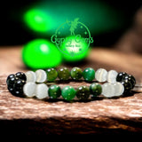 Tiger’s Eye - Green Tiger’s Eye & Selenite & Green Sandstone/Goldstone•Custom Size Round Smooth Stretch (8mm) Natural Gemstone Crystal Energy Bead Bracelet