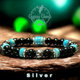 Turquoise Genuine Turquoise Heshi, Black Obsidian, Silver-Copper or Gold Hematite•Custom Size•Round Smooth Stretch (8mm) Natural Gemstone Crystal Energy Bead Bracelet