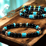 Turquoise Genuine Turquoise Heshi, Black Obsidian, Silver-Copper or Gold Hematite•Custom Size•Round Smooth Stretch (8mm) Natural Gemstone Crystal Energy Bead Bracelet