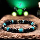 Turquoise Genuine Turquoise Heshi, Black Obsidian, Silver-Copper or Gold Hematite•Custom Size•Round Smooth Stretch (8mm) Natural Gemstone Crystal Energy Bead Bracelet