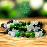 Tiger’s Eye - Green Tiger’s Eye & Selenite & Green Sandstone/Goldstone•Custom Size Round Smooth Stretch (8mm) Natural Gemstone Crystal Energy Bead Bracelet