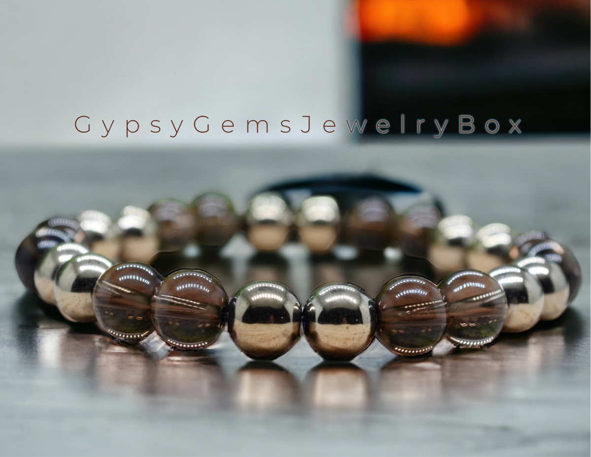 Smokey Quartz Pyrite “Success Transformation” Custom Size Round Smooth  Stretch (8mm) Natural Gemstone Crystal Energy Bead Bracelet