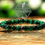 Tiger’s Eye - Green Tiger’s Eye + Black Hematite Hexagonal Spacer•Custom Size Round Smooth Stretch (8mm) Natural Gemstone Crystal Energy Bead Bracelet