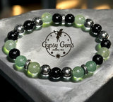 Aventurine Green, Black Onyx, Choice of Silver-Copper-Gold-Black Hematite Custom Size Round Smooth Stretch (8mm) Natural Gemstone Crystal Energy Bead Bracelet