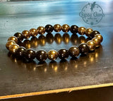 Pyrite (Gold) + Gold Sheen Black Obsidian Round Smooth Stretch (8mm) Natural Gemstone Crystal Energy Bead Bracelet