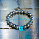 Hematite + Blue Cat Eye (Chrysoberyl ) Round Smooth Stretch (8mm) Natural Gemstone Crystal Energy Bead Bracelet
