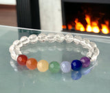 7 CHAKRA & Clear Quartz Custom Size Silver Spacers Round Smooth Stretch Natural Gemstone Crystal Energy Bead Bracelet