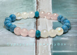 Turquoise - Dark Blue Frost Matte + Rainbow Moonstone + Rose Quartz Custom Size “Rise Above” Round Stretch (8mm) Natural Gemstone Crystal Energy Bead Bracelet