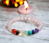 7 CHAKRA & Rose Quartz + Silver Spacers Custom Size Round Smooth Stretch (8mm) Natural Gemstone Crystal Energy Bead Bracelet