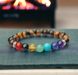 7 CHAKRA & Tiger’s Eye Yellow Golden Brown Custom Size Silver Spacers Round Smooth Stretch Natural Gemstone Crystal Energy Bead Bracelet