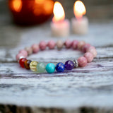 7 CHAKRA & Rhodochrosite + Silver Disk Custom Size Round Smooth Stretch (8mm) Natural Gemstone Crystal Energy Bead Bracelet