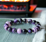 Agate - Banded Botswana Stripe Purple Agate Custom Size Round Smooth Stretch (8mm) Natural Gemstone Crystal Energy Bead Bracelet