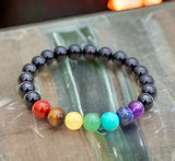 7 CHAKRA & Black Sheen Obsidian or Black Onyx Matte Choice Custom Size Round Smooth Stretch (8mm) Natural Gemstone Crystal Energy Bead Bracelet