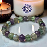 Intention - Crown Chakra Balance - Amethyst + Rainbow Labradorite + Fluorite Custom Size Round Smooth Stretch (8mm) Natural Gemstone Crystal Energy Bead Bracelet