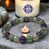 Intention - Crown Chakra Balance - Amethyst + Rainbow Labradorite + Fluorite Custom Size Round Smooth Stretch (8mm) Natural Gemstone Crystal Energy Bead Bracelet
