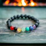 7 CHAKRA & Black Sheen Obsidian or Black Onyx Matte Choice Custom Size Round Smooth Stretch (8mm) Natural Gemstone Crystal Energy Bead Bracelet