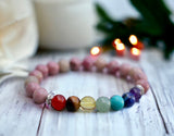 7 CHAKRA & Rhodochrosite + Silver Disk Custom Size Round Smooth Stretch (8mm) Natural Gemstone Crystal Energy Bead Bracelet