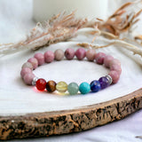 7 CHAKRA & Rhodochrosite + Silver Disk Custom Size Round Smooth Stretch (8mm) Natural Gemstone Crystal Energy Bead Bracelet