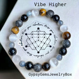 Intention - “Vibe Higher”, Raise Your Vibration - Selenite + Kyanite + Tiger Eye + Larvikite (Black Rainbow Labradorite) + Black Obsidian Custom Size Round Smooth Stretch (8mm) Natural Gemstone Crystal Energy Bead Bracelet