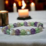 Intention - Crown Chakra Balance - Amethyst + Rainbow Labradorite + Fluorite Custom Size Round Smooth Stretch (8mm) Natural Gemstone Crystal Energy Bead Bracelet
