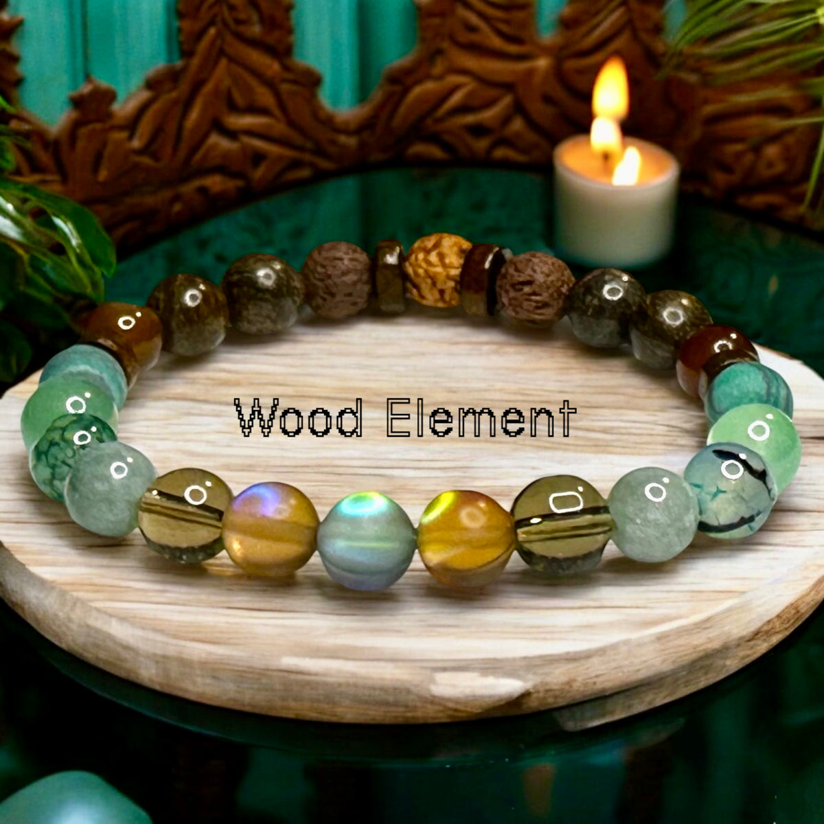 Wood Element Bracelet•Green & Brown Aura Crystal, Smokey Quartz