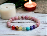 7 CHAKRA & Rhodochrosite + Silver Disk Custom Size Round Smooth Stretch (8mm) Natural Gemstone Crystal Energy Bead Bracelet