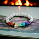 7 CHAKRA & Howlite + Silver Disk Custom Size Round Smooth Stretch (8mm) Natural Gemstone Crystal Energy Bead Bracelet